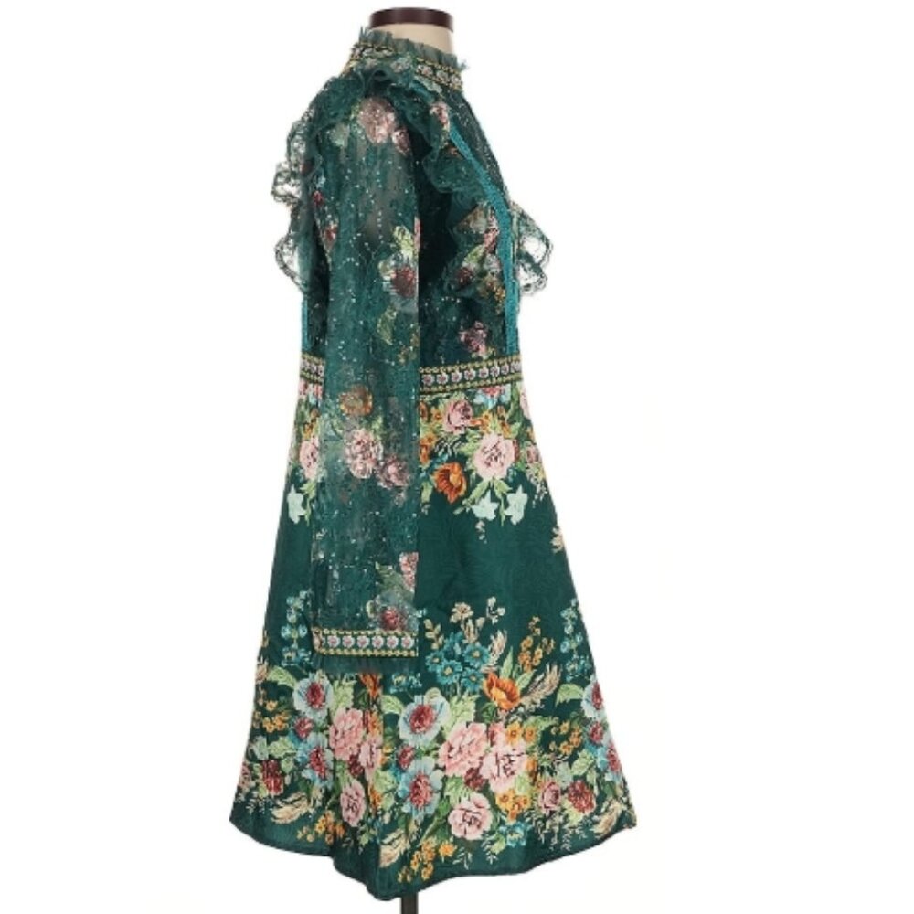 Glory & Co Teal Floral Lace Long Sleeve Mini Dress Vtg Garden Party Cottagecore - Picture 3 of 7